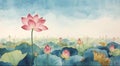 Watercolor artwork featuring a serene lotus pond with large, green leaves and pink lotus flowers Royalty Free Stock Photo